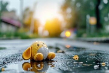 Toy rabbit sitting on wet street after rain at sunrise