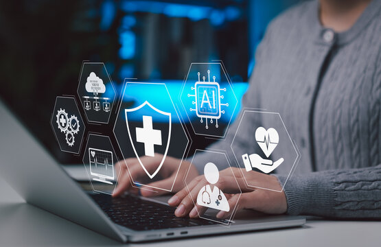 Artificial Intelligence in Healthcare and Medical Technology. Person using laptop with icons of AI, cloud computing, and health care tech. Concept of medical innovation, digital health, data security,