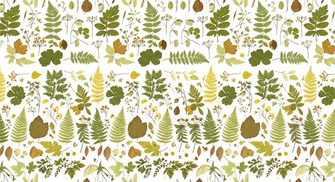 Seamless pattern of delicate hand drawn botanical illustrations of green leaves and wildflowers - Powered by Adobe