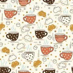 Merry Christmas Pattern Vector. Seamless Pattern Winter Background with Mugs, Marshmallows and Lines for Textile Print background.