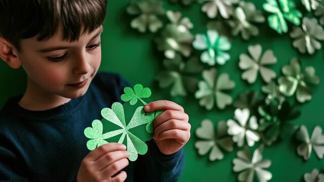 Close-up of a young boy holding shamrock craft decorations for St. Patrick's Day celebrations.