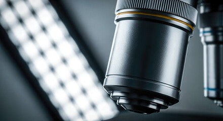 Microscope lens close up with light grid bokeh, ideal for scientific precision and etched markings visuals.