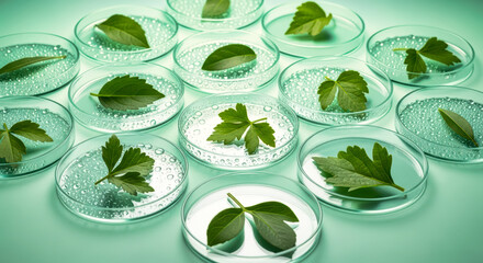 Plant leaf cuttings in petri dishes with condensation detail, concept of science.