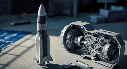 Metallic rocket model and gearbox with calipers engineering blueprint rim light shadows, concept of science and aerospace research.