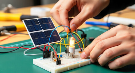 Hands connecting solar panel to bright bulb on breadboard, renewable energy workshop, science concept.