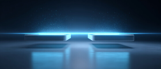 Futuristic glowing blue digital platforms floating in dark space with particle effects and reflective surface, showcasing advanced technology and sci-fi concept