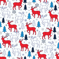 Minimalist Christmas Pattern Vector. Seamless Pattern Holiday Background with Reindeer, Pine Trees and Snowflakes. for Textile Print background.