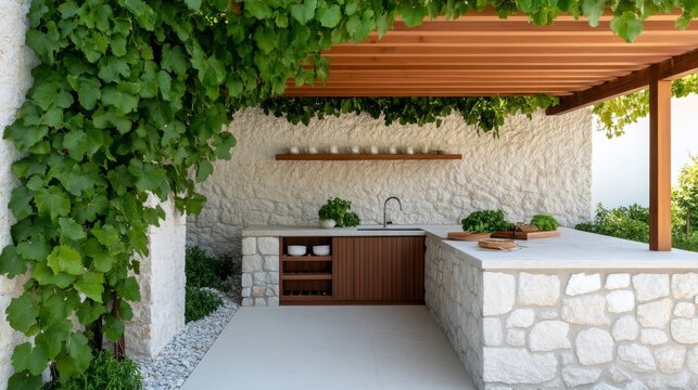 Outdoor Kitchen Design Stone Counter, Wood Pergola, Vine Canopy, architecture , landscape