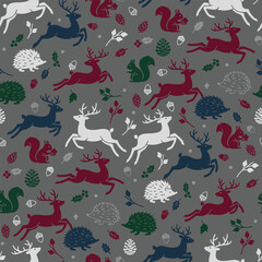 Christmas Woodland Animals Pattern Vector. Seamless Forest Pattern Background with Reindeer, Squirrel and Hedgehog.