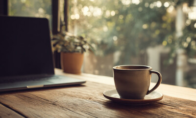 Coffee Cup Beside Laptop In Kitchen