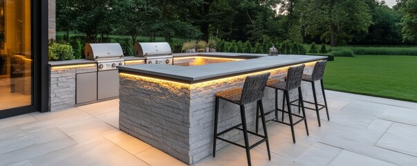 Outdoor Kitchen Island with Grill and Stone Counter, backyards, patios