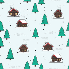 Christmas Winter Vector. Seamless Christmas Tree And Smoke Pattern with Cozy Winter Cabins. Holiday seamless pattern Background.