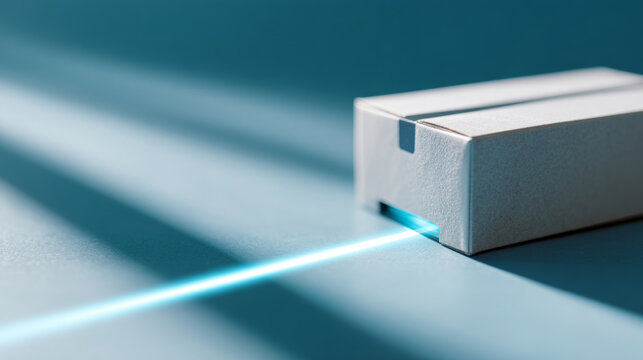 Close-up of a white rectangular box emitting a bright blue laser beam on a smooth surface with dramatic shadows and soft lighting
