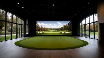 Indoor golf simulator with realistic outdoor view in a modern training facility