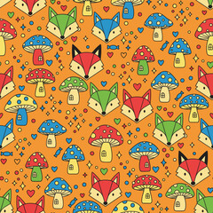Christmas Fox Pattern Vector. Seamless Forest Pattern Background with Fox, Mushroom, and Star.