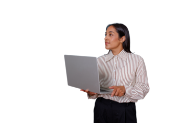Professional woman holding a laptop, looking away with a thoughtful expression, analyzing data or presenting ideas