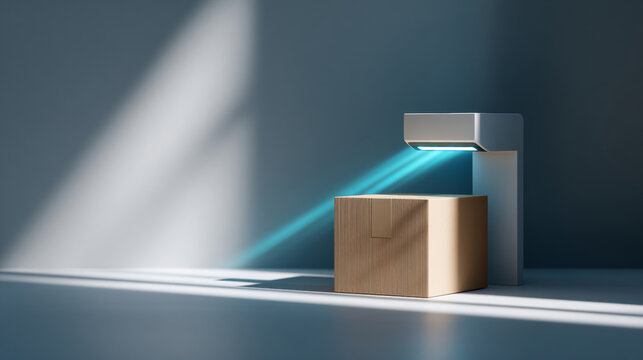 Modern scanner device scanning a cardboard box with blue light beams in a minimalistic setting with soft shadows and cool tones