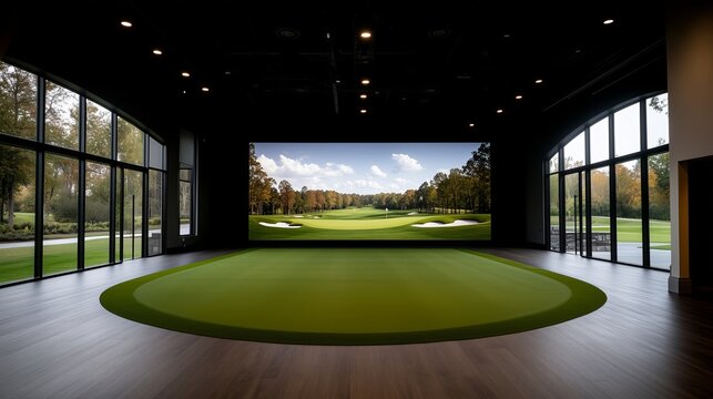Indoor golf simulator with realistic outdoor view in a modern training facility