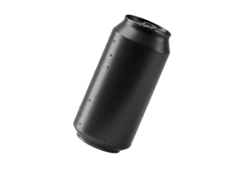 Photorealistic, dynamic shot of a blank matte black 16oz beverage can, detailed condensation, bright rim light, floating against a transparent background, ideal for product mockup concept