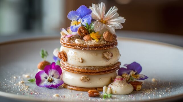 Layers of creamy dessert are stacked high, featuring nuts and edible flowers for decoration. The elegant presentation highlights the artistry of culinary creations at a fine dining location.