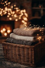 Obraz premium A wicker basket with folded knitted blankets next to glowing fairy lights. Concept of winter comfort and cozy holiday home atmosphere.