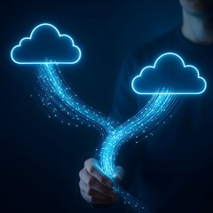 Glowing fiber optics representing data transfer between clouds