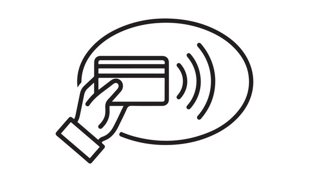 Hand holding credit card for contactless payment with wireless signal