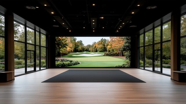 Modern indoor golf simulation room with scenic outdoor view