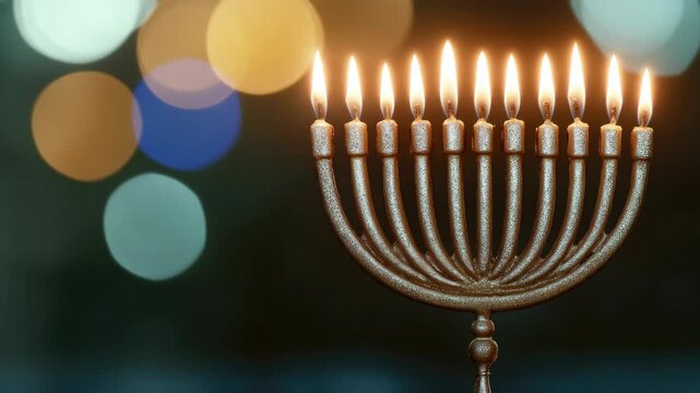 A lit menorah with nine candles. The background is blurry and has a blue and green color