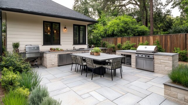 Outdoor Kitchen with Grill and Dining on Stone Patio, landscape design , outdoor living