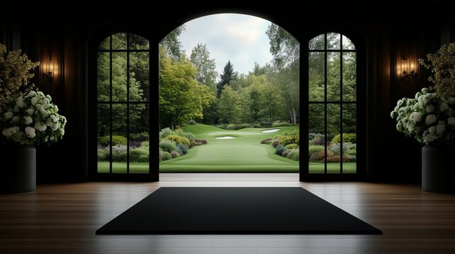 Beautiful view of a golf course through large windows at a modern venue