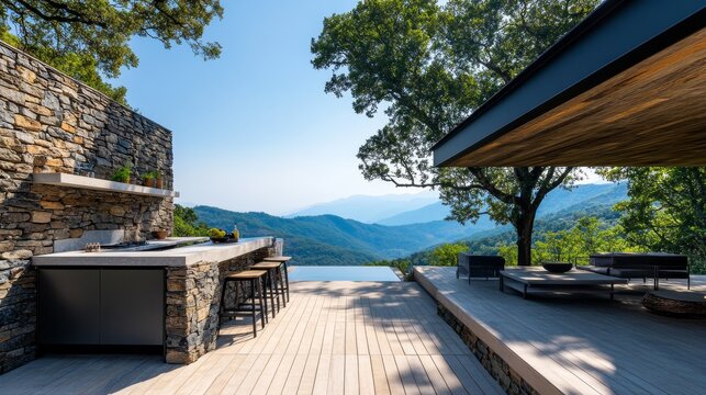 Outdoor Kitchen with Infinity Pool and Mountain View, Architecture, Design