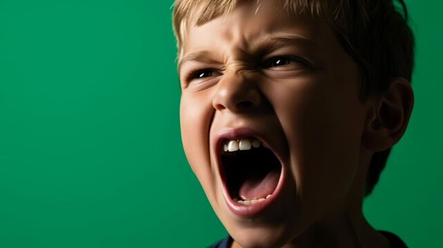 Frustrated Boy Yelling with Anger on Green Screen Background.
