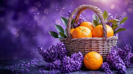 Basket of Oranges with Purple Flowers