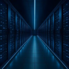 Modern data center corridor with glowing blue LED lights