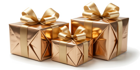 Elegant gold Christmas presents with bows, cut out transparent