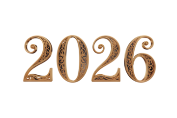 The year 2026 in ornate, decorative golden numbers, isolated on transparent background
