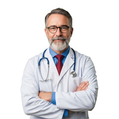 Fototapeta premium Mature male doctor wearing a white lab coat and stethoscope isolated on transparent background