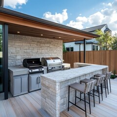 Obraz premium Outdoor Kitchen with Stone Counter and Grill on Deck, grilling , outdoor living