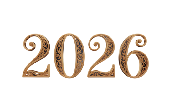 The year 2026 in ornate, decorative golden numbers, isolated on transparent background