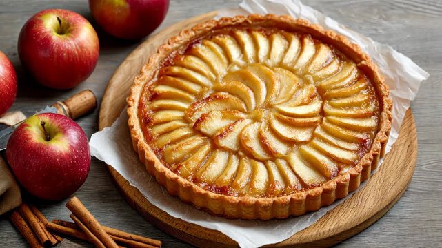Delicious apple tart with cinnamon and fresh red apples on rustic wooden table