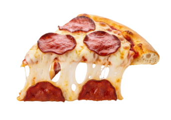 Single Slice of Pepperoni Pizza with Melted Cheese Pull, Isolated on White Background