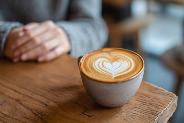 Hand holding a cup of coffee with latte art on rustic wooden table in cozy cafe setting