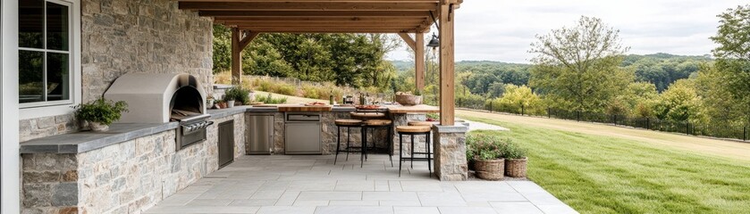 Fototapeta premium Outdoor Kitchen with Stone Oven and Pergola View, cooking, backyard ideas