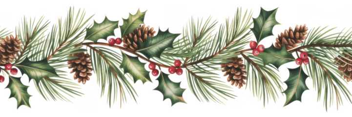 Christmas decorative seamless border. Watercolor banner. Poinsettia, coniferous branches, cones, ilex, holly berry. Repeating garland. Holiday isolated on transparent background