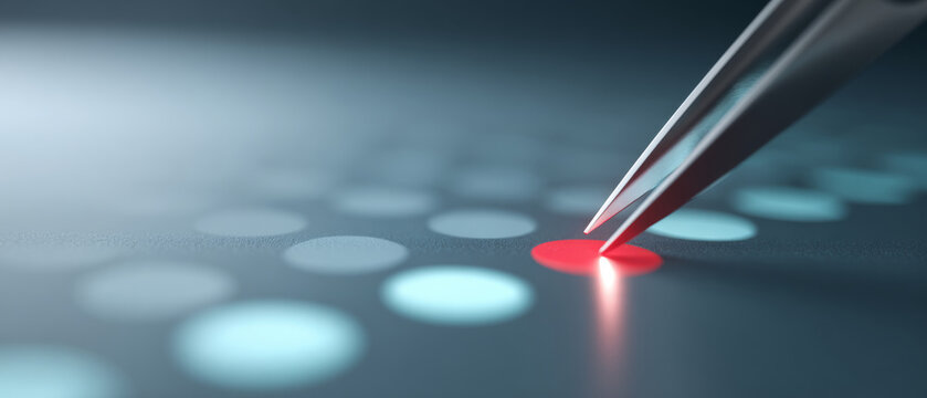 Close-up of precision tweezers selecting a glowing red dot among blue dots on a dark surface, symbolizing focus and accuracy in technology or data analysis