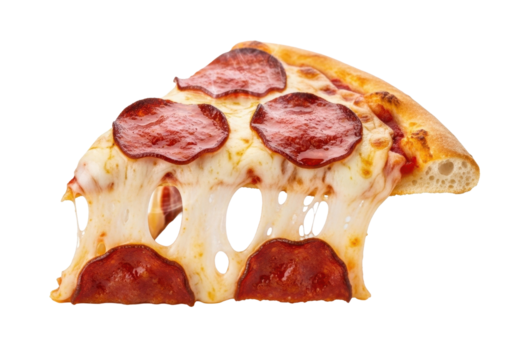 Single Slice of Pepperoni Pizza with Melted Cheese Pull, Isolated on White Background