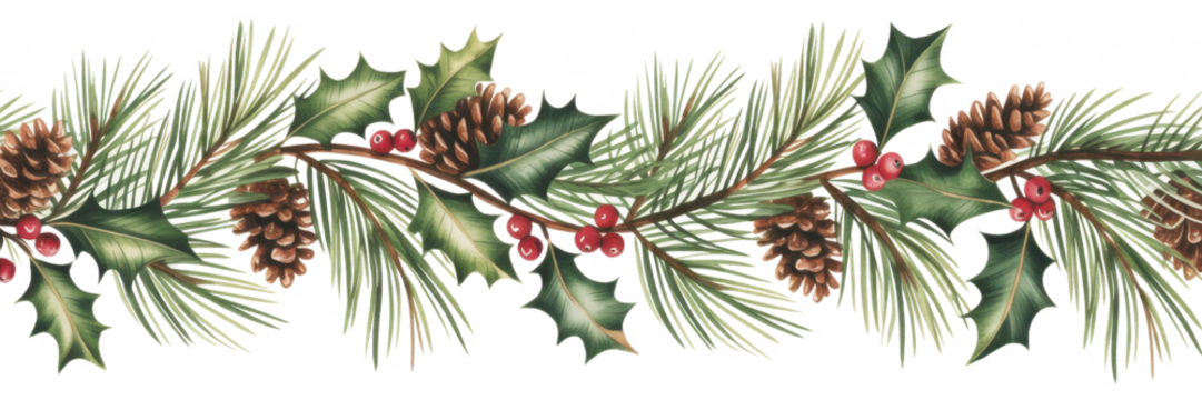 Christmas decorative seamless border. Watercolor banner. Poinsettia, coniferous branches, cones, ilex, holly berry. Repeating garland. Holiday isolated on transparent background