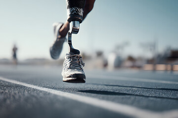 Running on the track, an athlete with a prosthetic leg trains under a bright sky during an athletic event
