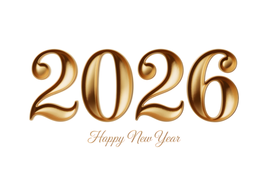 Golden 3d numbers 2026 with happy new year text isolated on transparent background